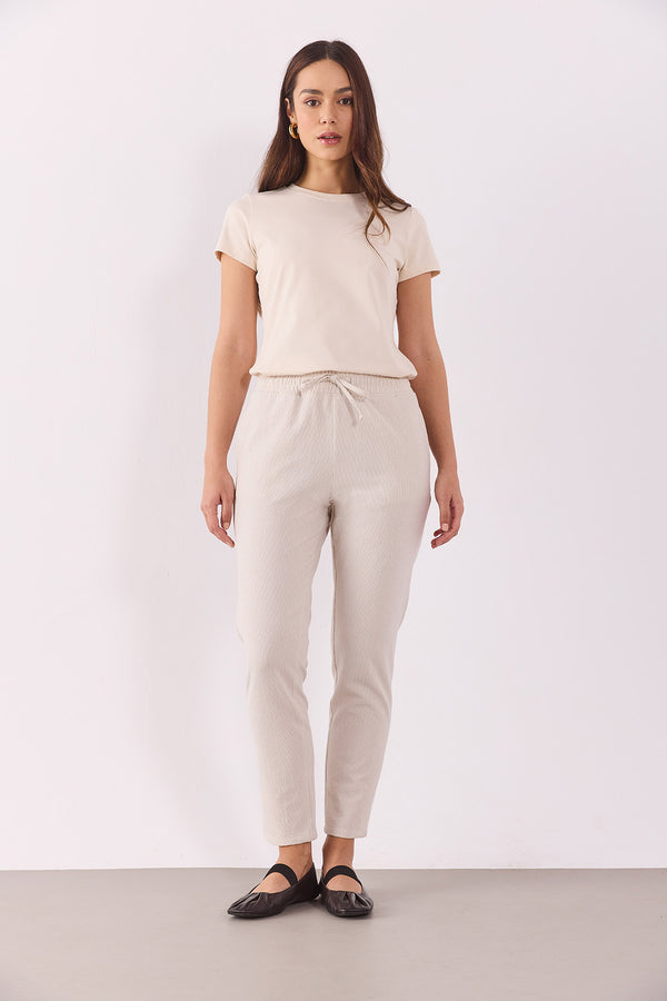 Alian Beli Lastikli İnce Çizgili Gofre Pantolon - BEJ ÇİZGİLİ
