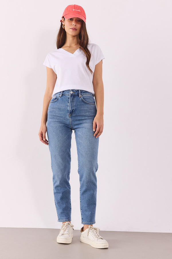 Maria Med Blue Slim Mom Jean Pantolon - MED BLUE