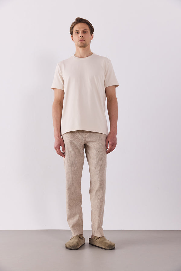 Ken Beli Lastikli lycra Keten Chino Pantolon - KAHVE ÇİZGİLİ