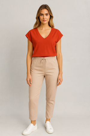Alian Beli Lastikli %100 Keten Beach Pantolon - NATUREL