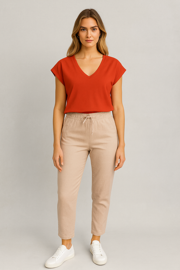 Alian Beli Lastikli %100 Keten Beach Pantolon - NATUREL