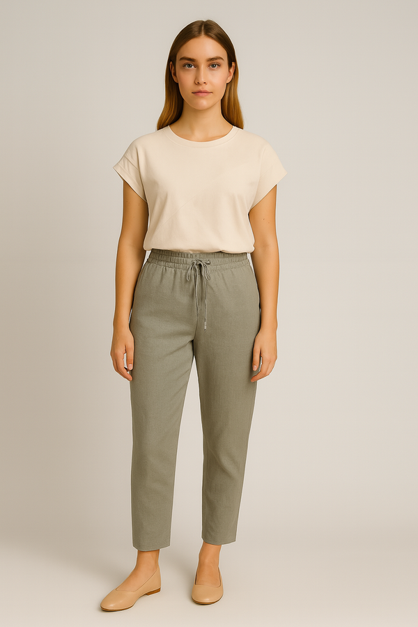 Alian Beli Lastikli %100 Keten Beach Pantolon - NİL YEŞİLİ