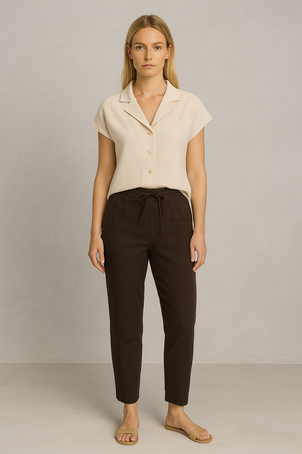 Alian Beli Lastikli %100 Keten Beach Pantolon - KAHVERENGİ