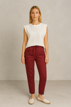 Alian Beli Lastikli %100 Keten Beach Pantolon - BORDO