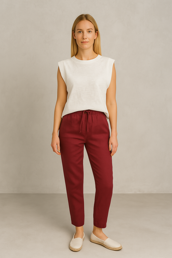 Alian Beli Lastikli %100 Keten Beach Pantolon - BORDO