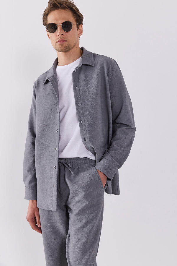 Nicolas Regular Fit Gofre Gömlek - GRİ
