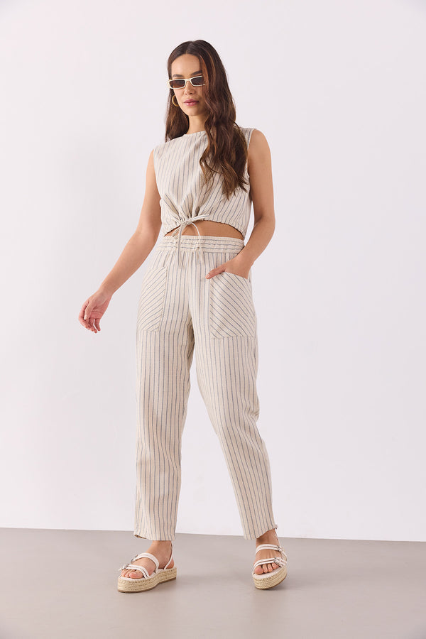 Kadın Beli Lastikli Çizgili Baggy Pantolon(TENCEL)(TM) - LACİVERT ÇİZGİLİ
