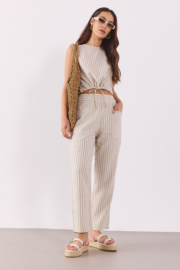Çizgili Beli Büzgülü Bluz(TENCEL)(TM) - LACİVERT ÇİZGİLİ