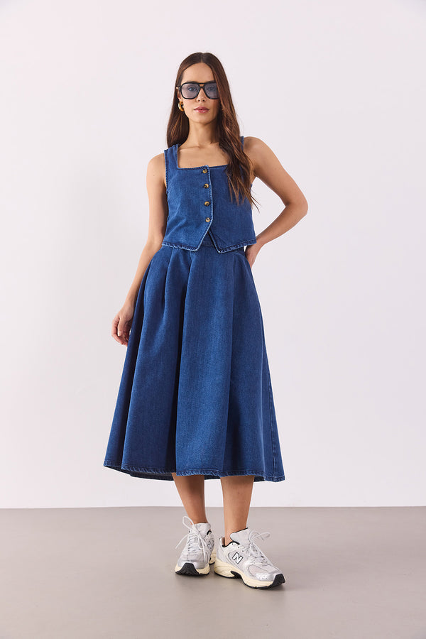 Pilili Kloş Lyocell Dark Blue Midi Boy Jean Etek - DARK BLUE