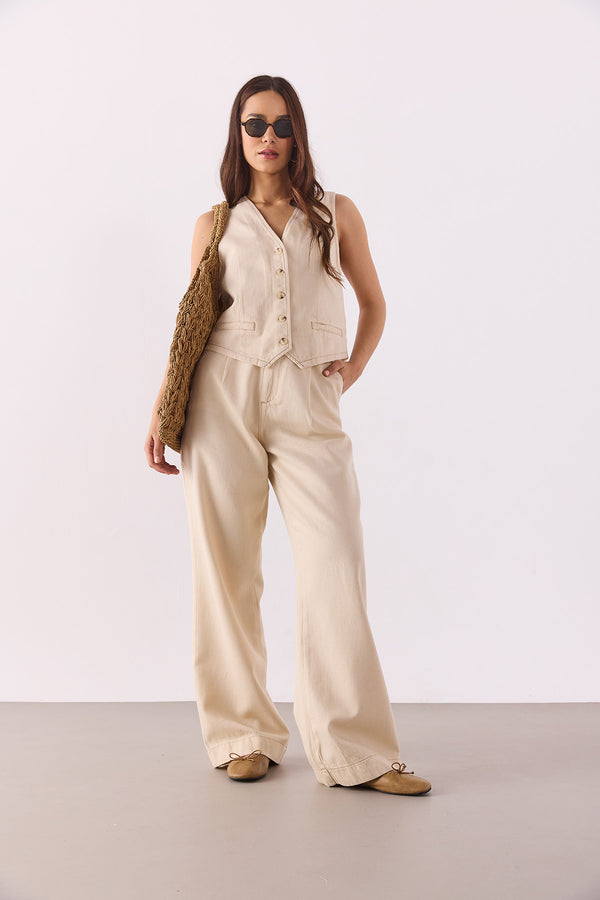 Clara Wide Leg Off White Palazzo Pantolon(TENCEL)(TM) - OFF WHITE
