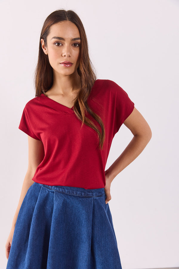 Almira V Yaka Sırtı Detaylı Modal Tişört(TENCEL)(TM) - BORDO