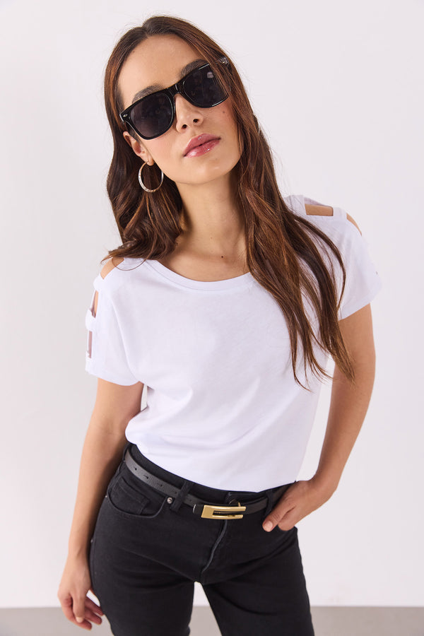 Elsa Bisiklet Yaka Omzu Detaylı Modal Tişört(TENCEL)(TM) - BEYAZ 2K26200157-022
