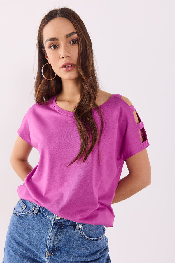 Elsa Bisiklet Yaka Omzu Detaylı Modal Tişört(TENCEL)(TM) - LEYLAK 2K26200157-1097