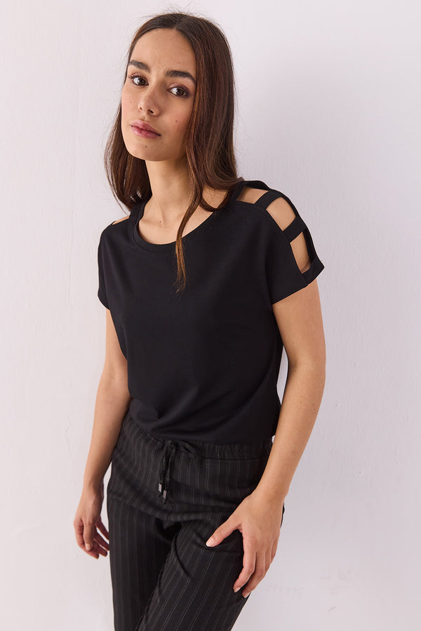 Elsa Bisiklet Yaka Omzu Detaylı Modal Tişört(TENCEL)(TM) - SİYAH 2K26200157-028