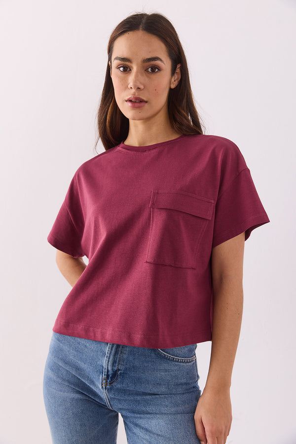 Jayla Cep Detaylı Bisiklet Yaka Tişört - BORDO 2K26200544-023
