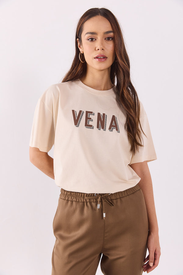 Vena Logo Baskılı Oversize Tişört - BEJ