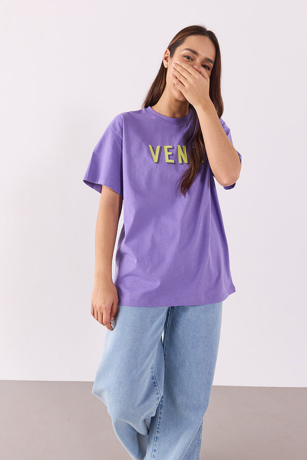 Vena Logo Baskılı Oversize Tişört - LEYLAK