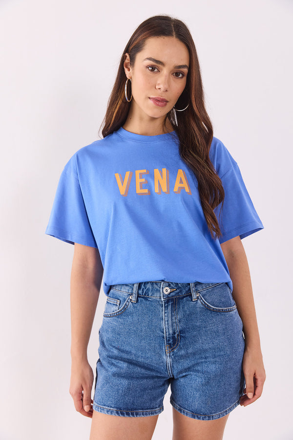 Vena Logo Baskılı Oversize Tişört - MAVİ