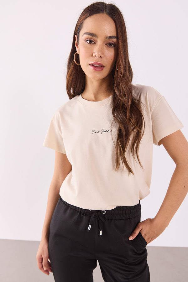 Mini Vena Logo Baskılı Regular Fit Tişört - BEJ