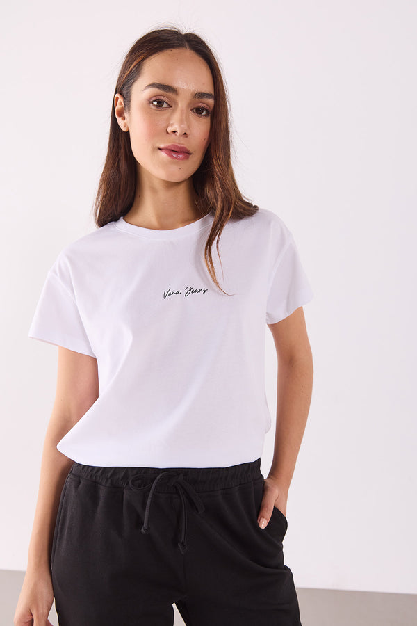 Mini Vena Logo Baskılı Regular Fit Tişört - BEYAZ
