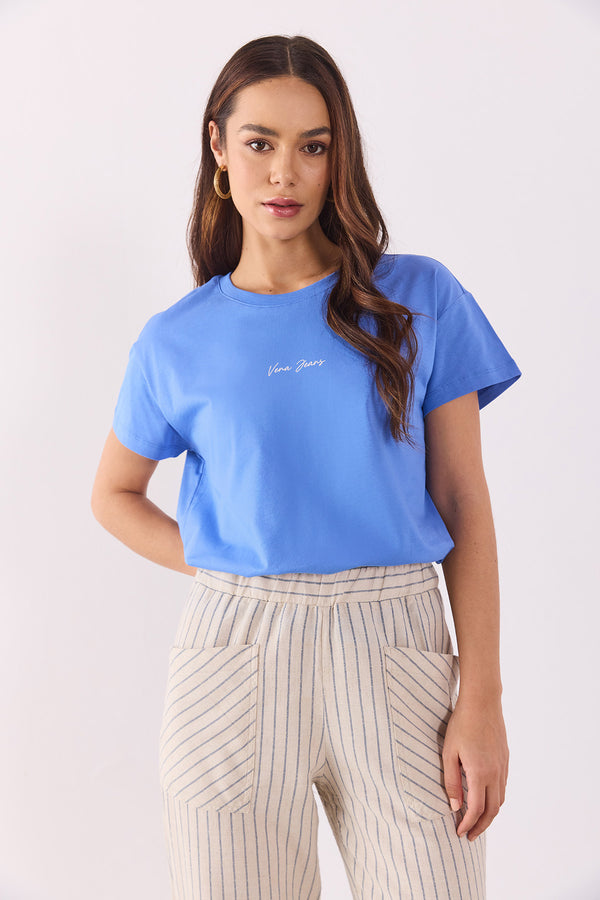 Mini Vena Logo Baskılı Regular Fit Tişört - MAVİ