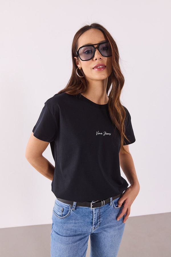 Mini Vena Logo Baskılı Regular Fit Tişört - SİYAH