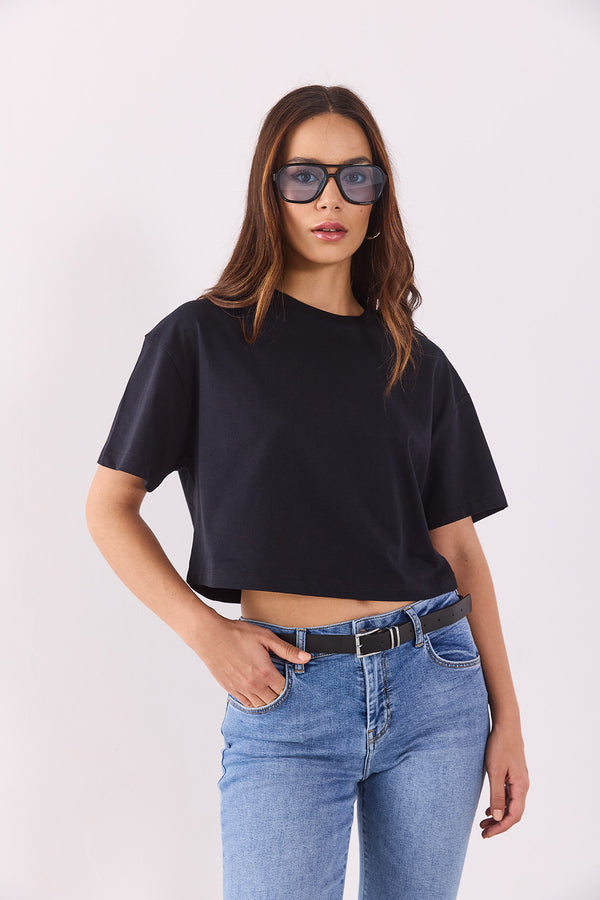 Crop Kısa Kollu T-shirt - SİYAH