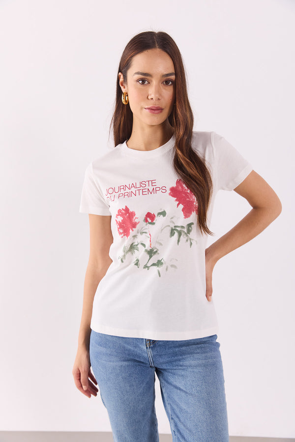 Flower Baskılı Tişört - FİLDİŞİ