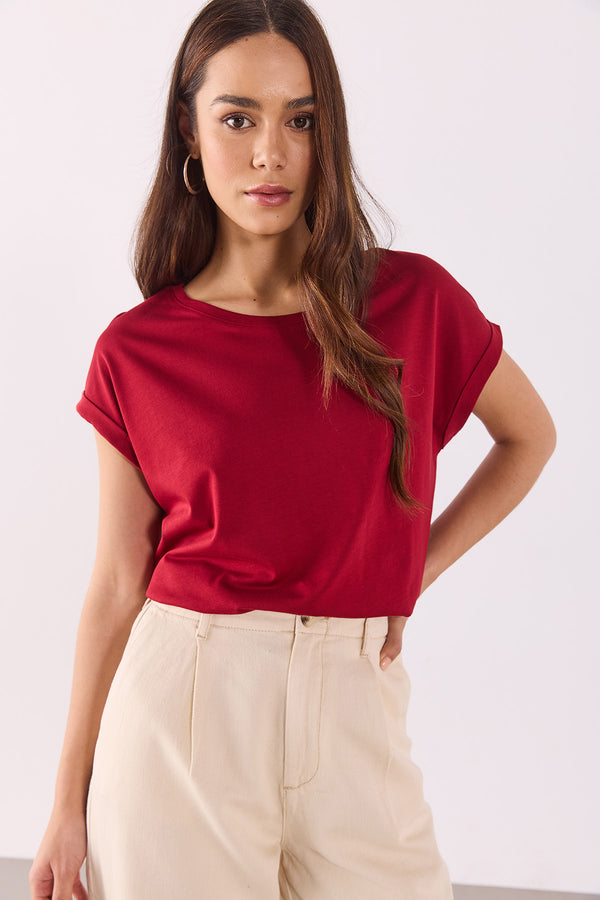 Cindy Bisiklet Yaka Regular Fit Basic Modal Tişört(TENCEL)(TM) - BORDO