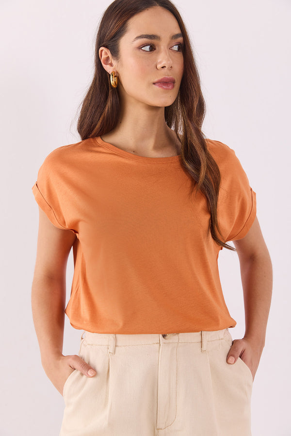Cindy Bisiklet Yaka Regular Fit Basic Modal Tişört(TENCEL)(TM) - TERRACOTTA