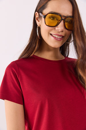 Boyfriend Bisiklet Yaka Regular Fit Modal Tişört(TENCEL)(TM) - BORDO