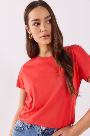 Boyfriend Bisiklet Yaka Regular Fit Modal Tişört(TENCEL)(TM) - MERCAN