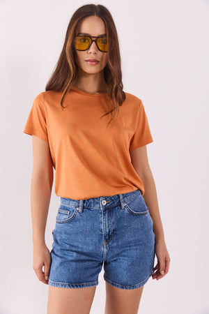 Boyfriend Bisiklet Yaka Regular Fit Modal Tişört(TENCEL)(TM) - TERRACOTTA