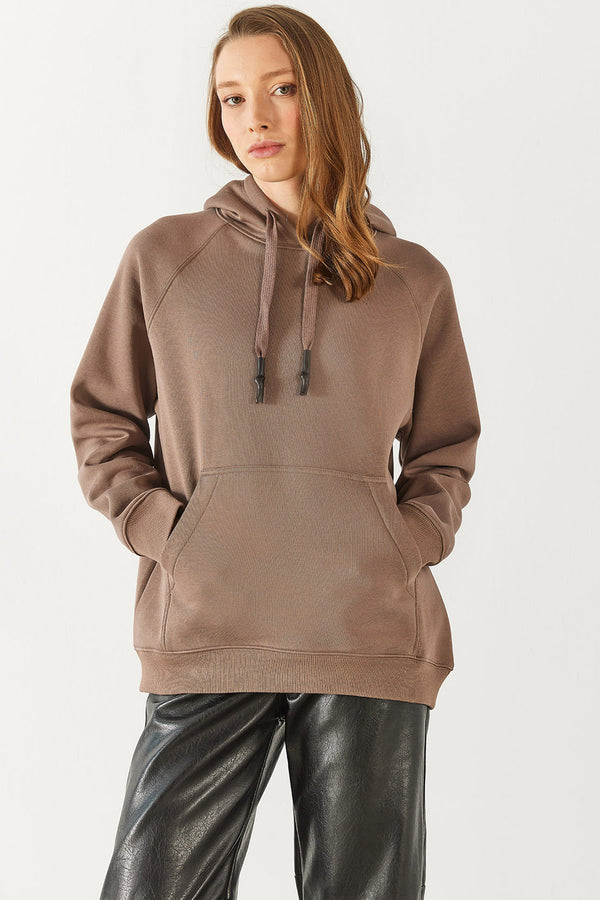 Maria Kapüşonlu Şardonlu Loose Fit Sweatshirt - VİZON