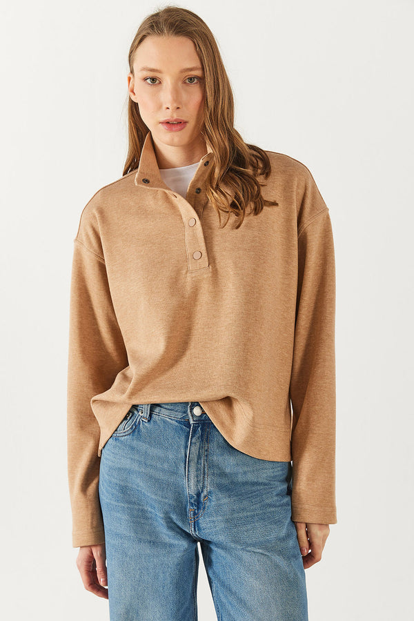 Molly Yakası Çıt Çıtlı Sweatshirt - TABA