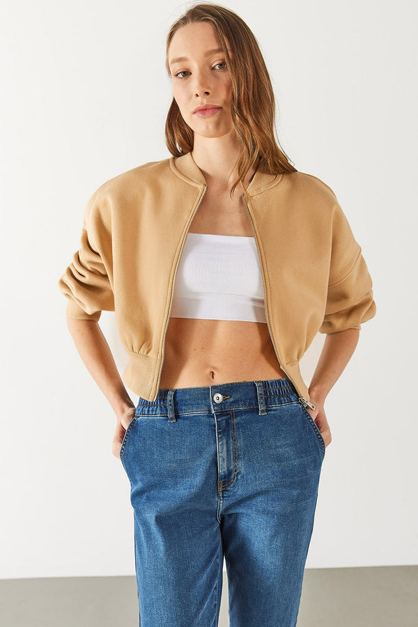 Loren Fermuarlı Geniş Kemerli Sweatshirt - BEJ