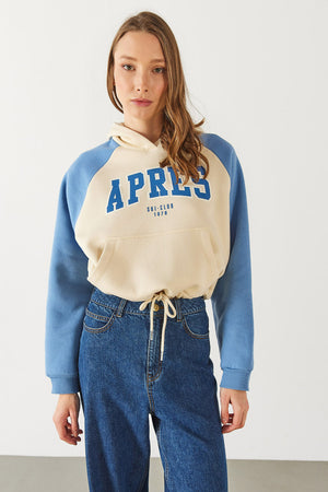 Baskılı Kontrast Parçalı Sweatshirt - MAVİ