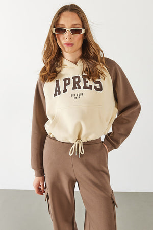 Baskılı Kontrast Parçalı Sweatshirt - VİZON