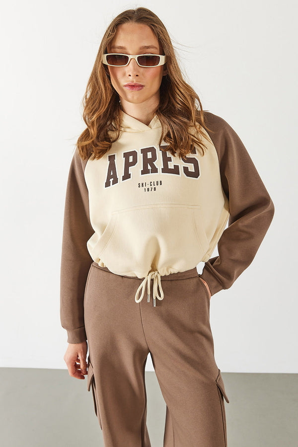 Baskılı Kontrast Parçalı Sweatshirt - VİZON