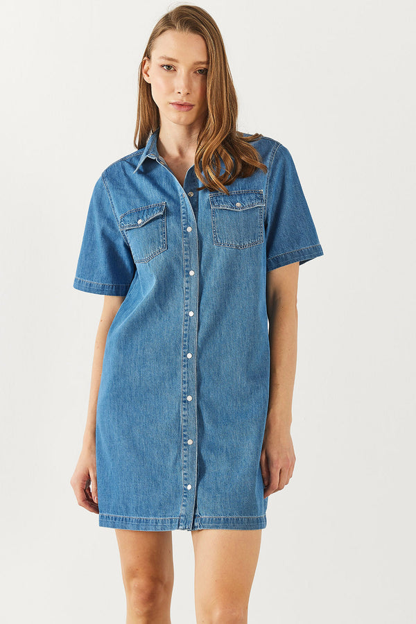 Kısa Kollu Med Blue Jean Gömlek Elbise - MED BLUE