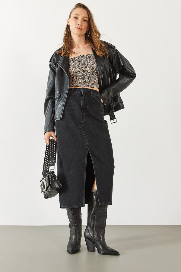 Rita Midi Boy Black Yırtmaçlı Jean Kalem Etek - BLACK