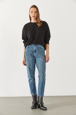 Rhona Bisiklet Yaka Pamuklu Sweatshirt - SİYAH