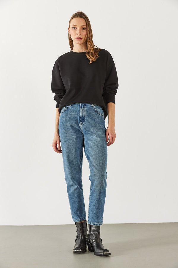 Rhona Bisiklet Yaka Pamuklu Sweatshirt - SİYAH