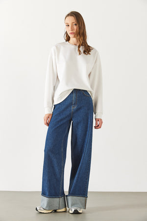 Rhona Bisiklet Yaka Pamuklu Sweatshirt - FİLDİŞİ