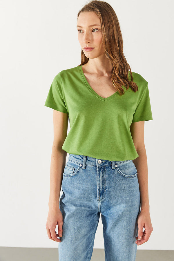 Boyfriend V Yaka Regular Fit Modal Tişört(TENCEL)(TM) - YEŞİL