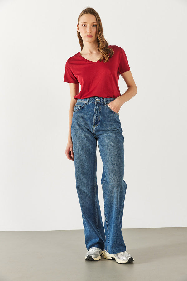 Boyfriend V Yaka Regular Fit Modal Tişört(TENCEL)(TM) - BORDO