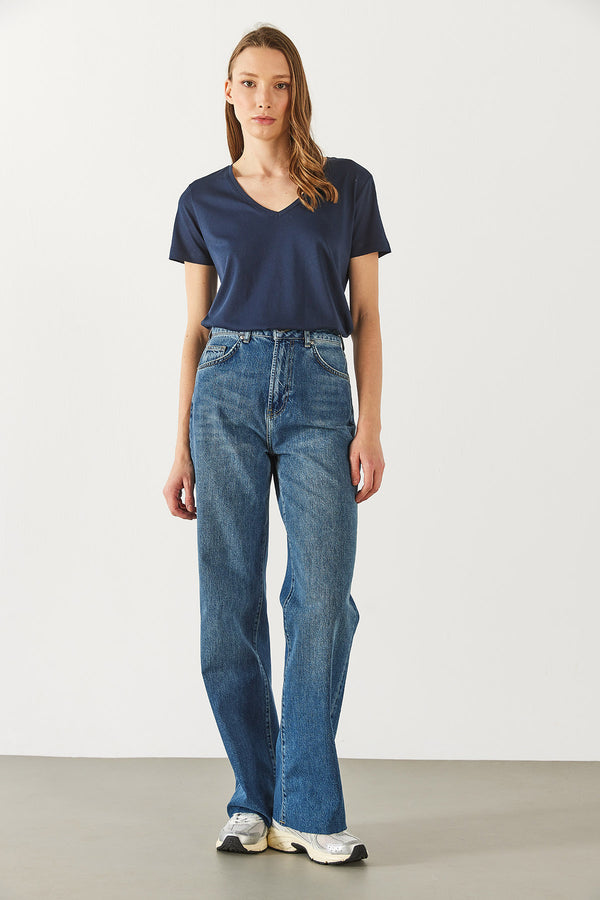 Boyfriend V Yaka Regular Fit Modal Tişört(TENCEL)(TM) - LACİVERT