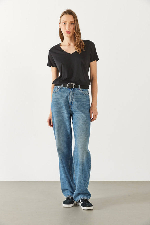 Boyfriend V Yaka Regular Fit Modal Tişört(TENCEL)(TM) - SİYAH