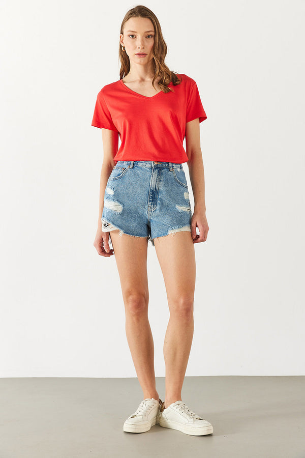 Boyfriend V Yaka Regular Fit Modal Tişört(TENCEL)(TM) - MERCAN