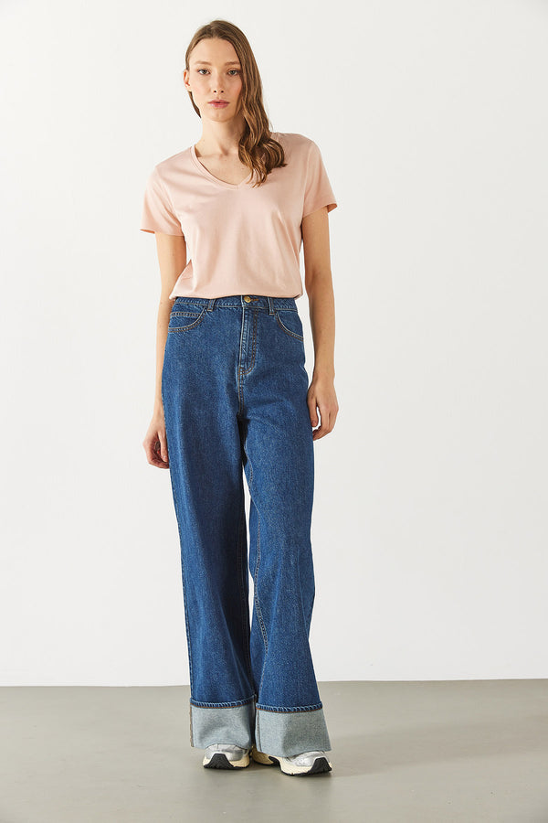Boyfriend V Yaka Regular Fit Modal Tişört(TENCEL)(TM) - PUDRA